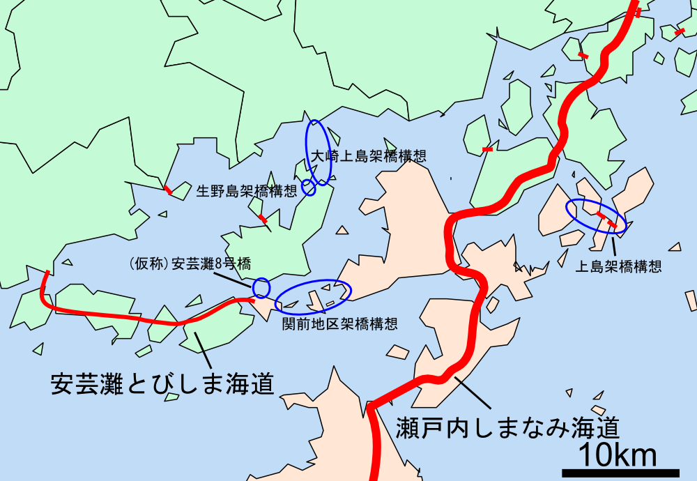しまなみ海道の周辺地図。橋と航路が赤い線で示されている