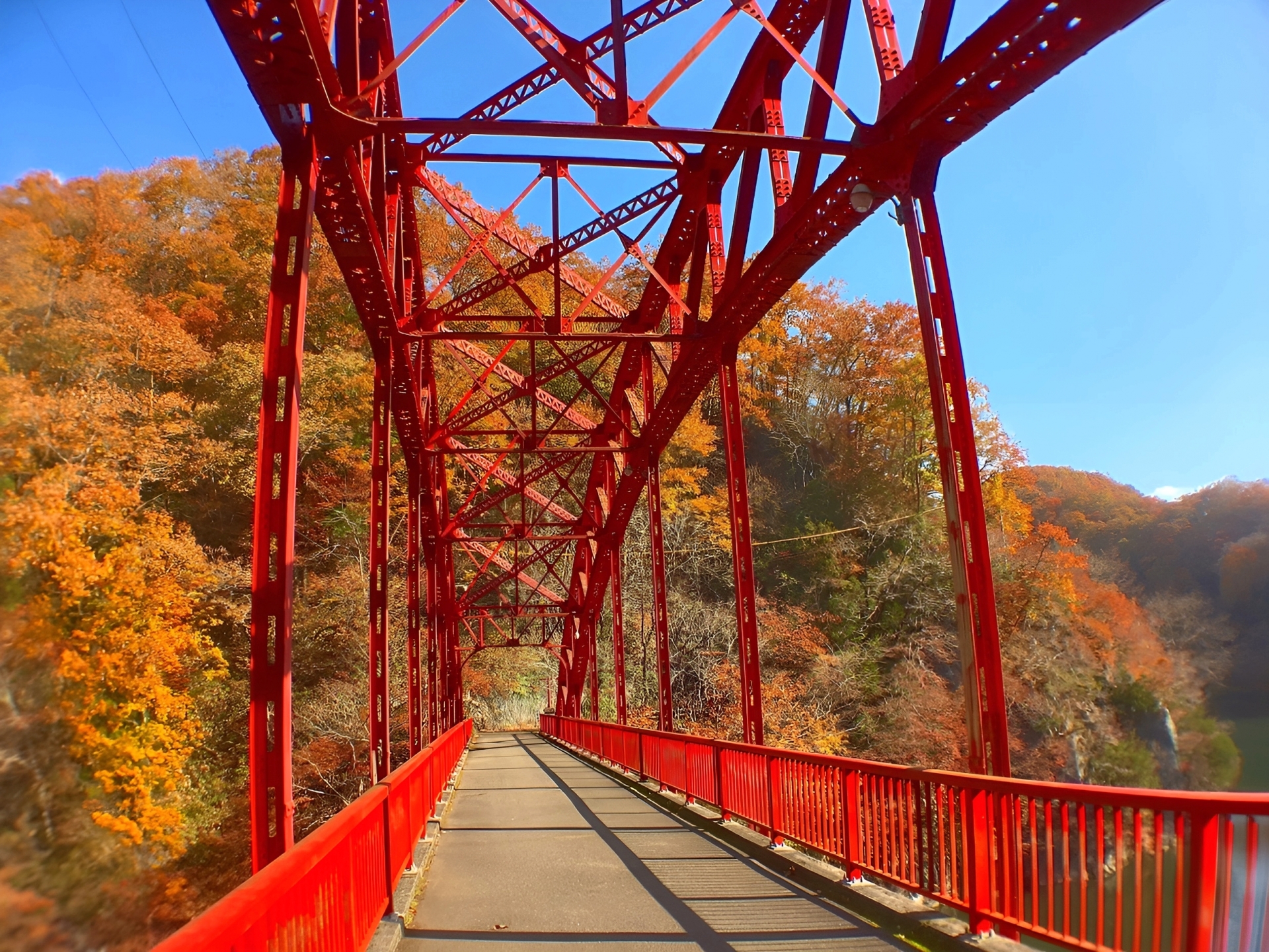 紅葉の中を通る赤いトラスの鉄橋・神龍橋の橋上