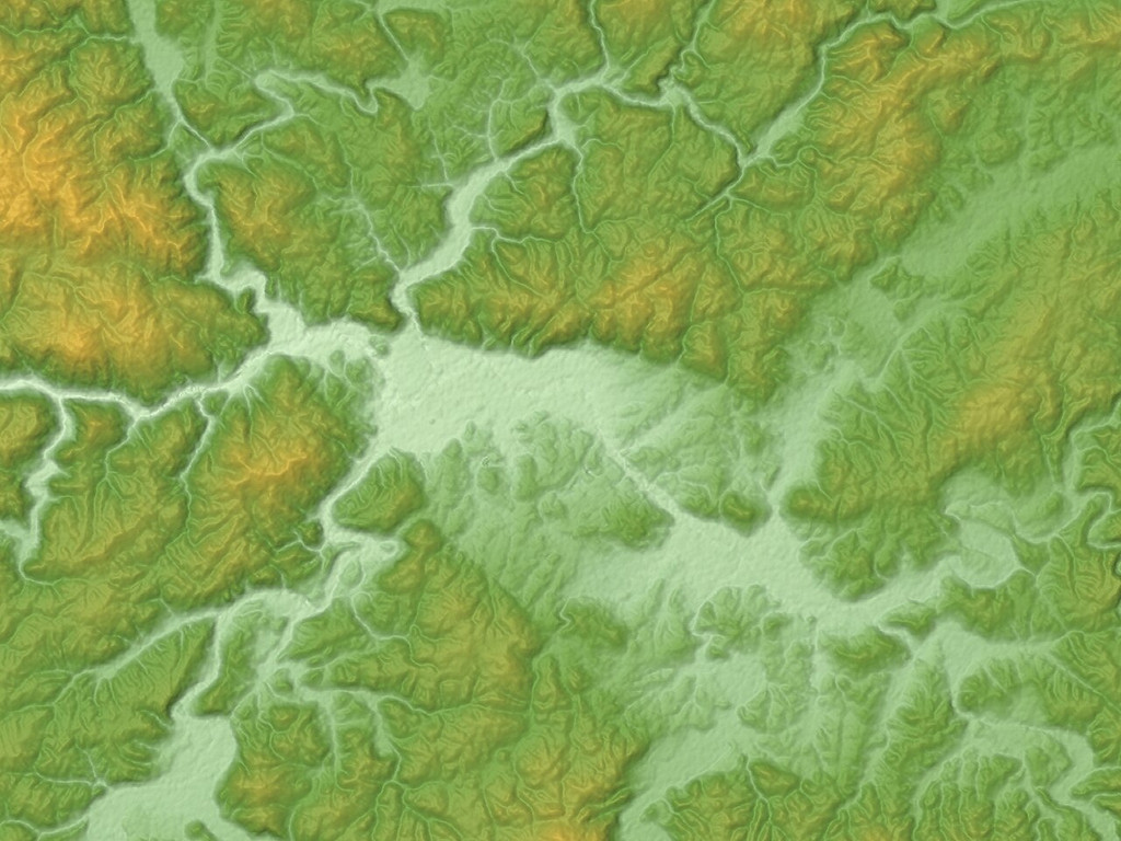 三次盆地の地形を示した色別標高図。周囲を山に囲まれ、谷筋が集まる地形