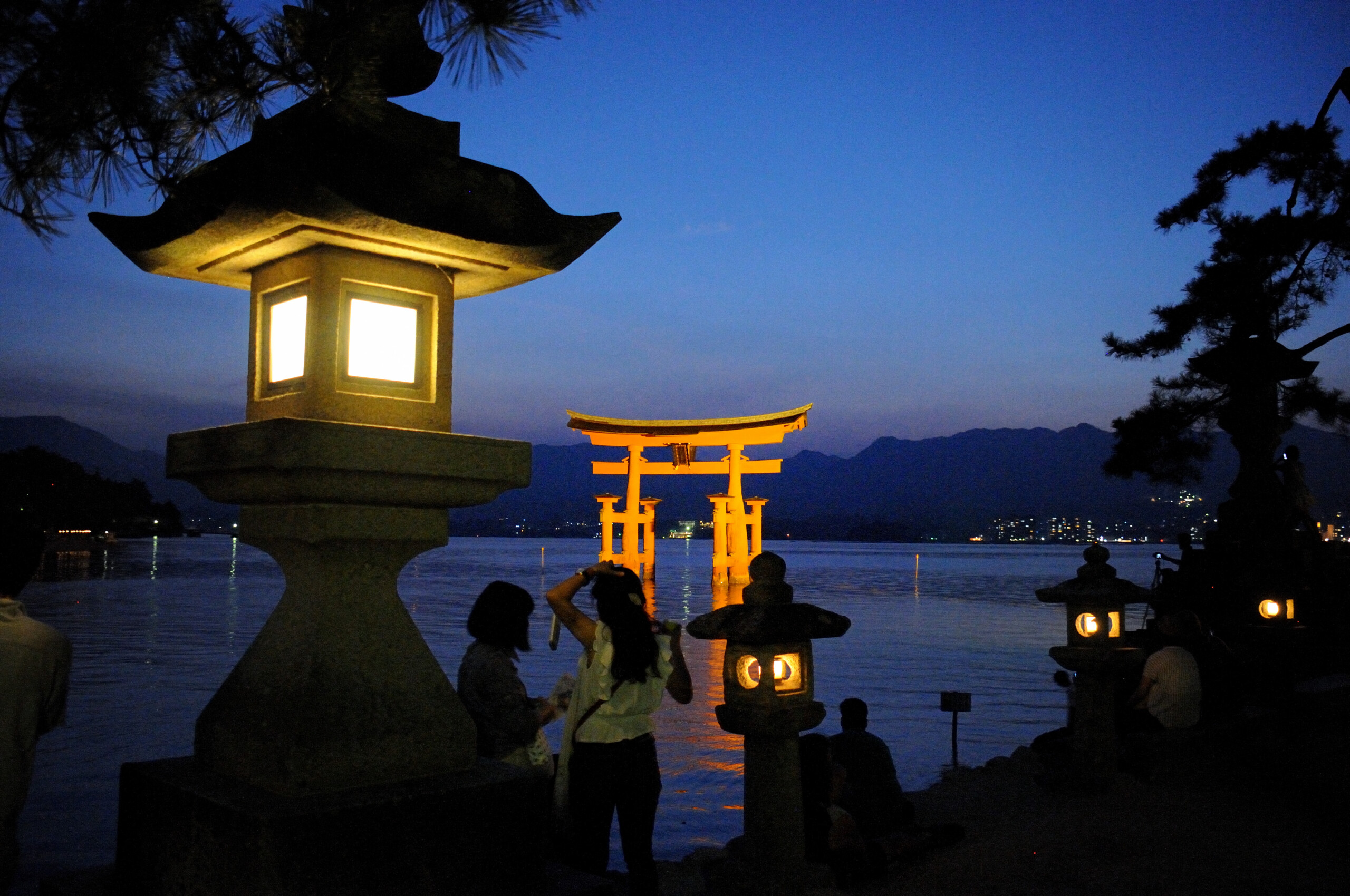 夜間にライトアップされた嚴島神社の大鳥居