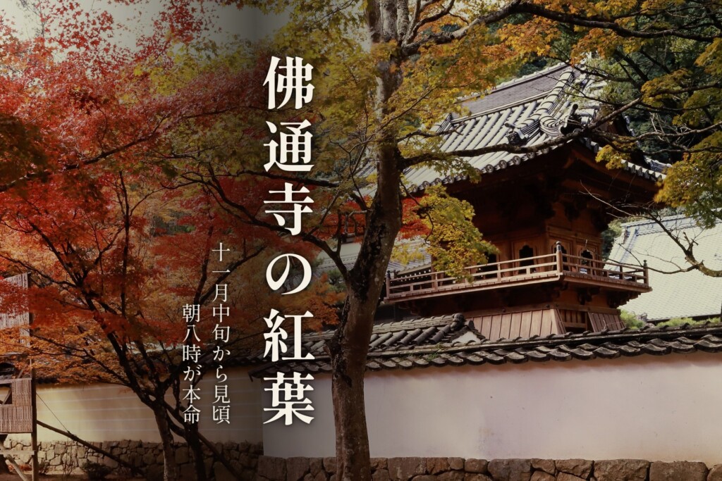 佛通寺の山門と紅葉、「佛通寺の紅葉」の題字